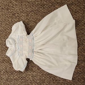 Vintage Polly Flinders Hand Smocked White Dress with Blue Trim Size 4